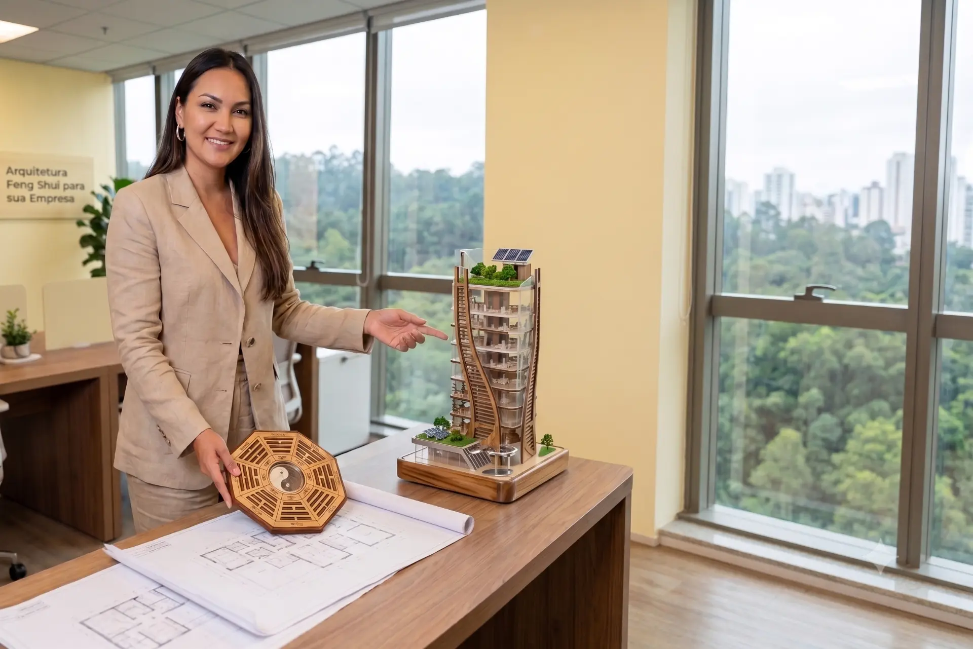 Tef apresentando uma maquete de edifício sustentável ao lado de uma bússola Ba-Guá e plantas de arquitetura